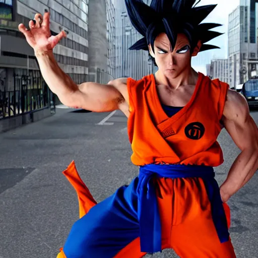 Prompt: Real life goku confused in a city