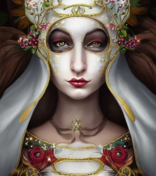 Image similar to beautiful female character inspired by venice carnival, christmas and nun | | digital artwork made by greg rutswork, anna dittmann and lois van barlee, symmetrical, anatomically correct