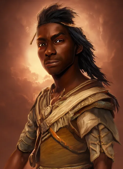 Image similar to An epic fantasy comic book style portrait painting of a young dark skinned long haired boy in peasant clothes with intelligent eyes in the style of the wheel of time, unreal 5, DAZ, hyperrealistic, octane render, cosplay, RPG portrait, dynamic lighting