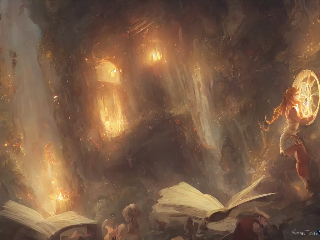 Image similar to detailed painting of a magical book that is a portal to a fantasy realm by Krenz Cushart, fantasy, dramatic light