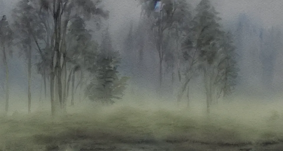 Image similar to watercolor painting of a forest in the fog by the ocean, peaceful,