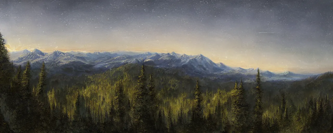 Image similar to a beautiful Landscape at midnight at the mountains viewed from above a forest, extreme long shot, wide angle, by Michael B Karas and Isaac Levitan, conceptart, illustration, high detailed 8K, realistic lighting