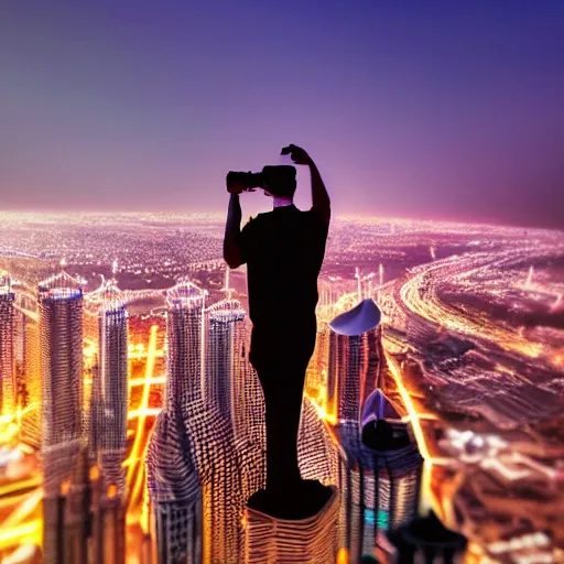 Prompt: closeup of a man [ standing on the pinnacle of the burj khalifa ]!!, holding a camera, viewing out into a futuristically adequate city, dusk atmosphere, digital art, [ synthwave style ]!!, golden ratio!!, centered!!