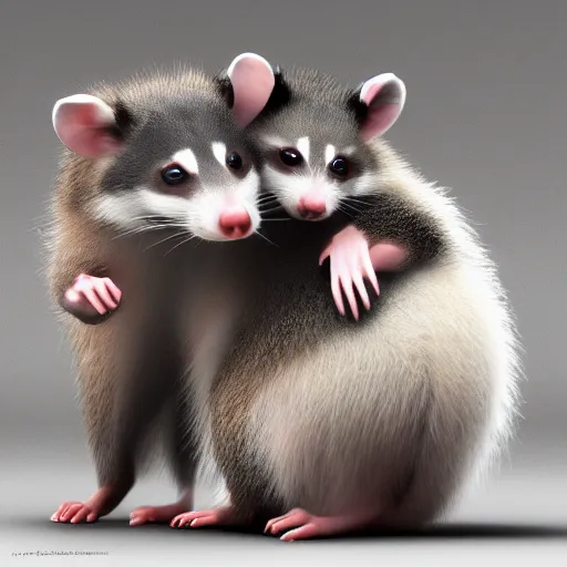 Image similar to an opossum and an american raccoon hugging, cute photograph, 4k wallpaper, unreal engine, artstation