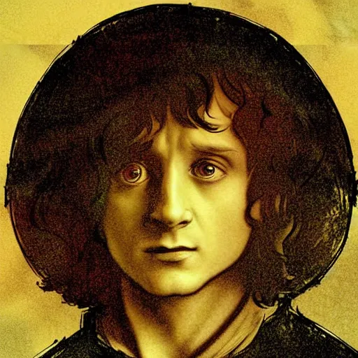 Image similar to frodo baggins in the shire In the style of leonardo da Vinci, detailed 4k photograph