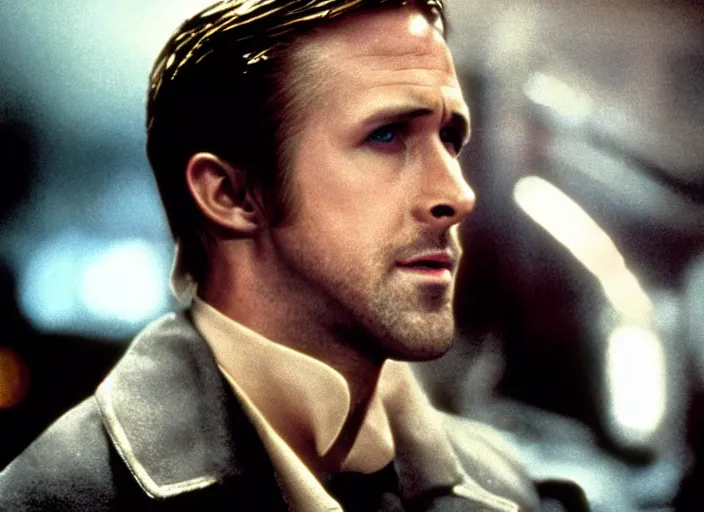 Prompt: film still of Ryan Gosling as Decker in Blade Runner 1982