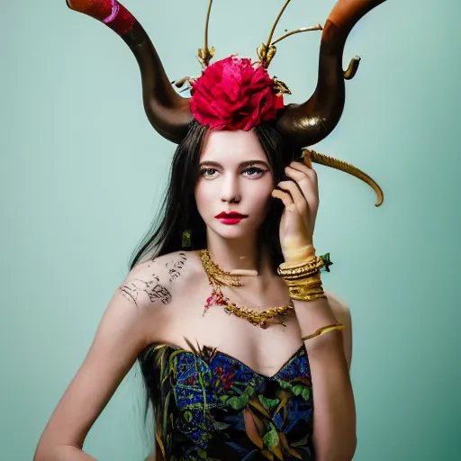 Image similar to a creative portrait of a beautiful female model, beauty shot, horn headpiece, floral painted backdrop, photography, creative makeup, female character, canon eos r 3, f / 1. 4, iso 2 0 0, 1 / 1 6 0 s, 8 k, raw, unedited, symmetrical balance, in - frame