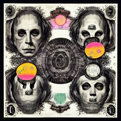 Image similar to post - punk new age album cover, asymmetrical design, dollar bank notes, capitalism, magic, apocalypse, psychedelic, black white pink, magic, giger h. r., giuseppe arcimboldo