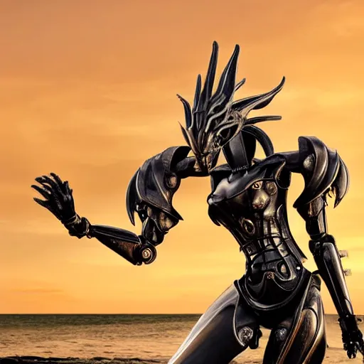 Image similar to epic close up shot, realistic detailed stunning beautiful anthropomorphic robot mechanical female dragon, doing an elegant pose with hand on hip, looking to the side, sleek streamlined armor and design, sharp claws, sleek well designed head with LED eyes, standing on two legs, wearing a hooded cloak that blows in the wind from behind her, on the beach during sunset, high quality, cinematic art, sunset lighting, artstation, deviantart, furaffinity