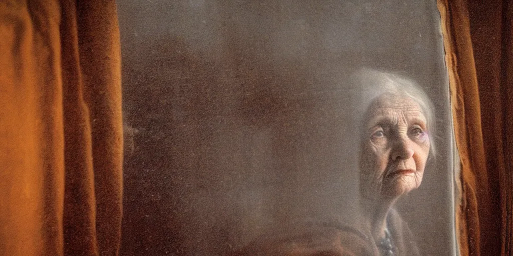 Image similar to portrait bust of old woman, looking outside, tired expression, faded color film, russian cinema, tarkovsky, kodachrome, inside old cabin, next to window, heavy forest outside, long brown hair, old clothing, heavy fog, brown color palette, sunset, low light, hudson river school, 4 k, dramatic lighting, greg rutkowski