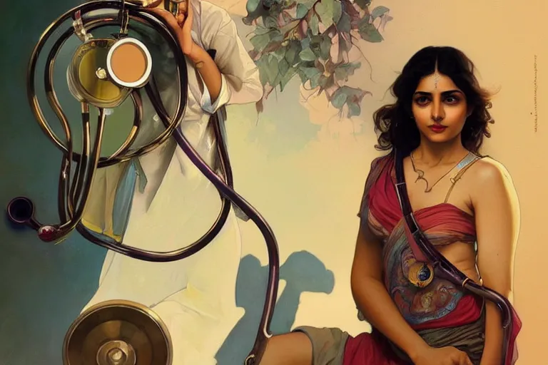 Image similar to sensual pale beautiful indian doctor in jeans with stethoscope, art deco portrait, elegant, intricate, digital painting, artstation, concept art, smooth, sharp focus, illustration, art by artgerm and greg rutkowski and alphonse mucha