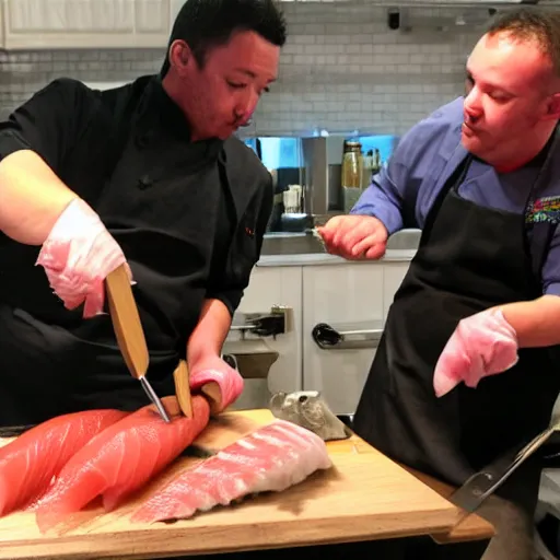 Image similar to chef butchering fish for sushi, realistic