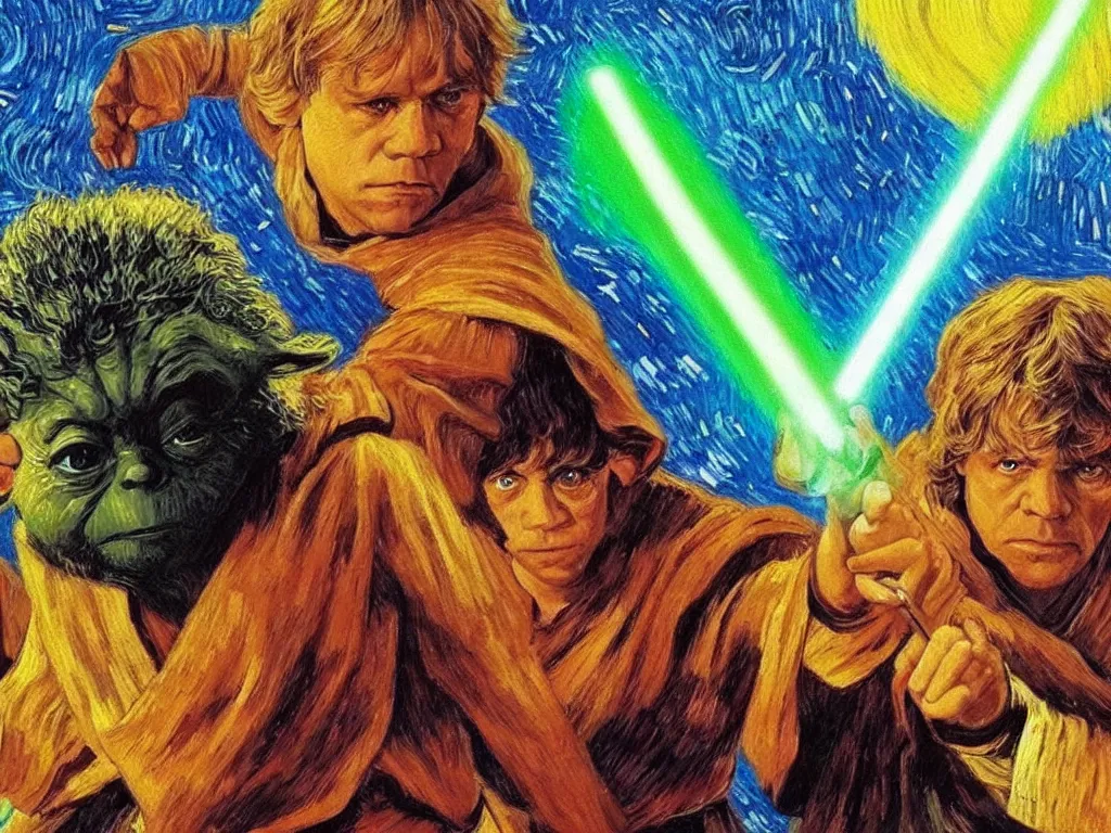 Prompt: bright beautiful oil painting of luke skywalker uses the force to lift yoda into the air, light scatter, van gogh