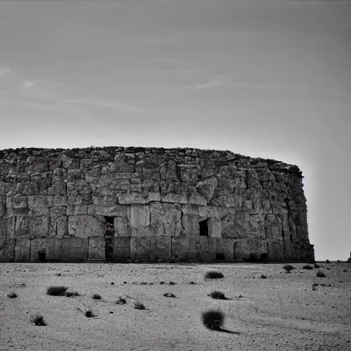 Image similar to a monolithic temple in a desert. overcast sky, grainy.