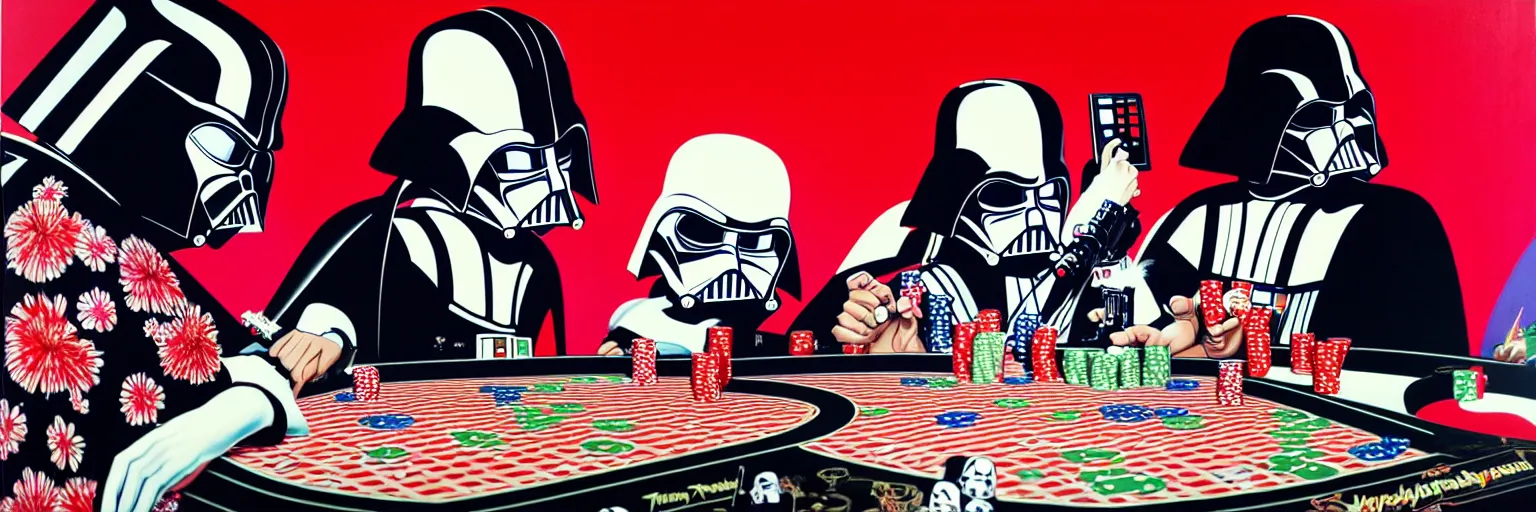 Image similar to hyperrealism composition of the detailed woman in a japanese kimono sitting at an extremely detailed poker table with darth vader and stormtrooper, fireworks on the background, pop - art style, jacky tsai style, andy warhol style, acrylic on canvas