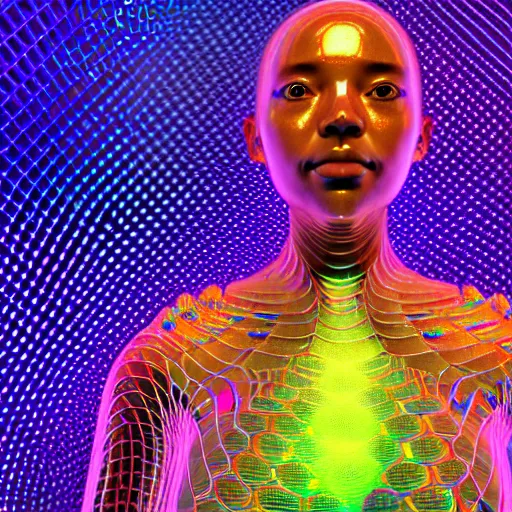 Prompt: a human form, made of pure light, encircled by a giant iridescent serpent, in a sea of digital grids, hyper detailed, ultra fine colored inking lines, arnold render, 4 k extremely photorealistic, arnold render