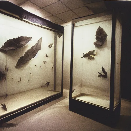 Image similar to spooky creepy liminal space, display case, aquatic exhibition science museum, dried aquarium, leaves, computer screens, backroom stairs going down under water, photo taken on 1 9 8 0 s fujifilm superia