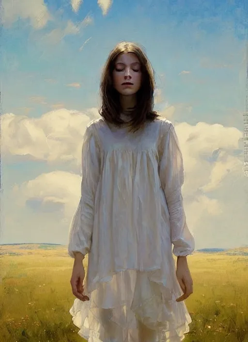 Image similar to portrait of a levitating girl dressed in white clothes, countryside, calm, fantasy character portrait, dynamic pose, above view, sunny day, thunder clouds in the sky, artwork by Jeremy Lipkin and Giuseppe Dangelico Pino and Michael Garmash and Rob Rey, very coherent asymmetrical artwork, sharp edges, perfect face, simple form, 100mm