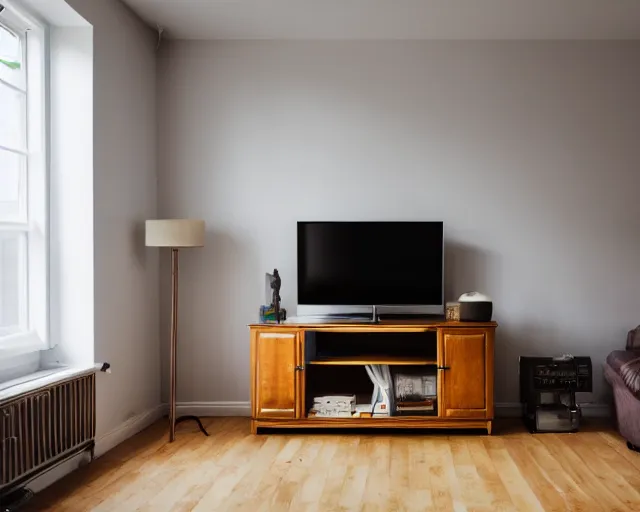 Image similar to Award winning photo of a living room with a TV of a flat abandoned 3 months ago, 4k, high quality