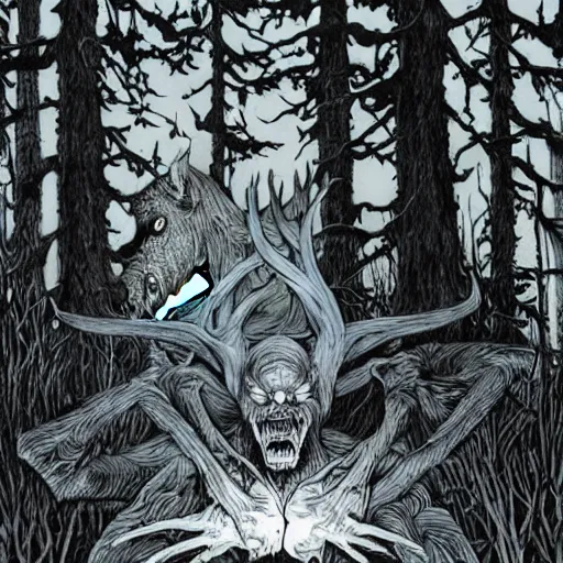 Prompt: wendigo in the woods, Michael Whelan, pen and ink, black and white