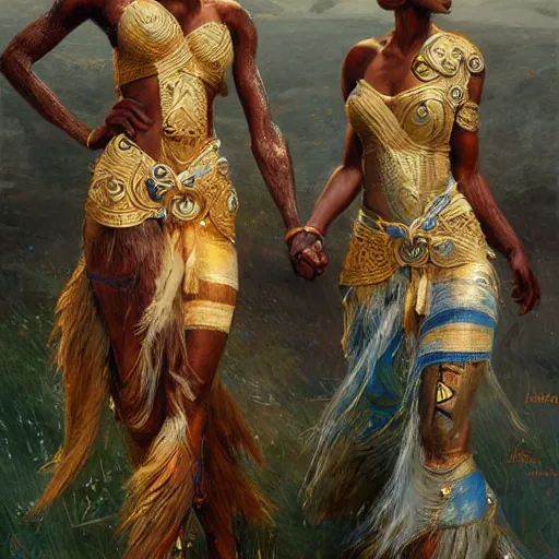 Prompt: beautiful Zulu goddesses holding hands, focused, worried, highly detailed, artstation, concept art, sharp, illustration, art by Edgar Maxence and Ross Tran and Michael Whelan