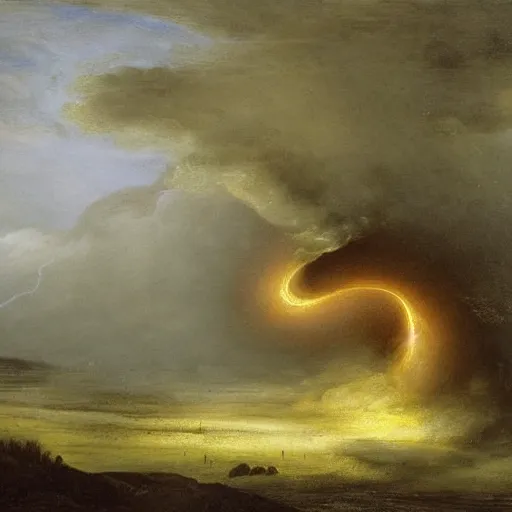 Prompt: by jacob van ruisdael funereal. a beautiful land art of a black hole consuming a star.