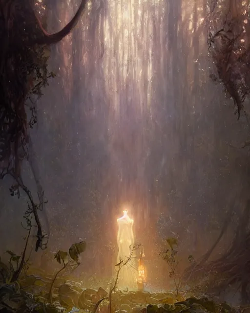 Image similar to my dream when soul leaving body, dryads standing near me in lingering made of plants and trees trying to catch soul that flying up to gods light ray from above, volumetric neon lights intricate details, by greg rutkowski, gaston bussiere