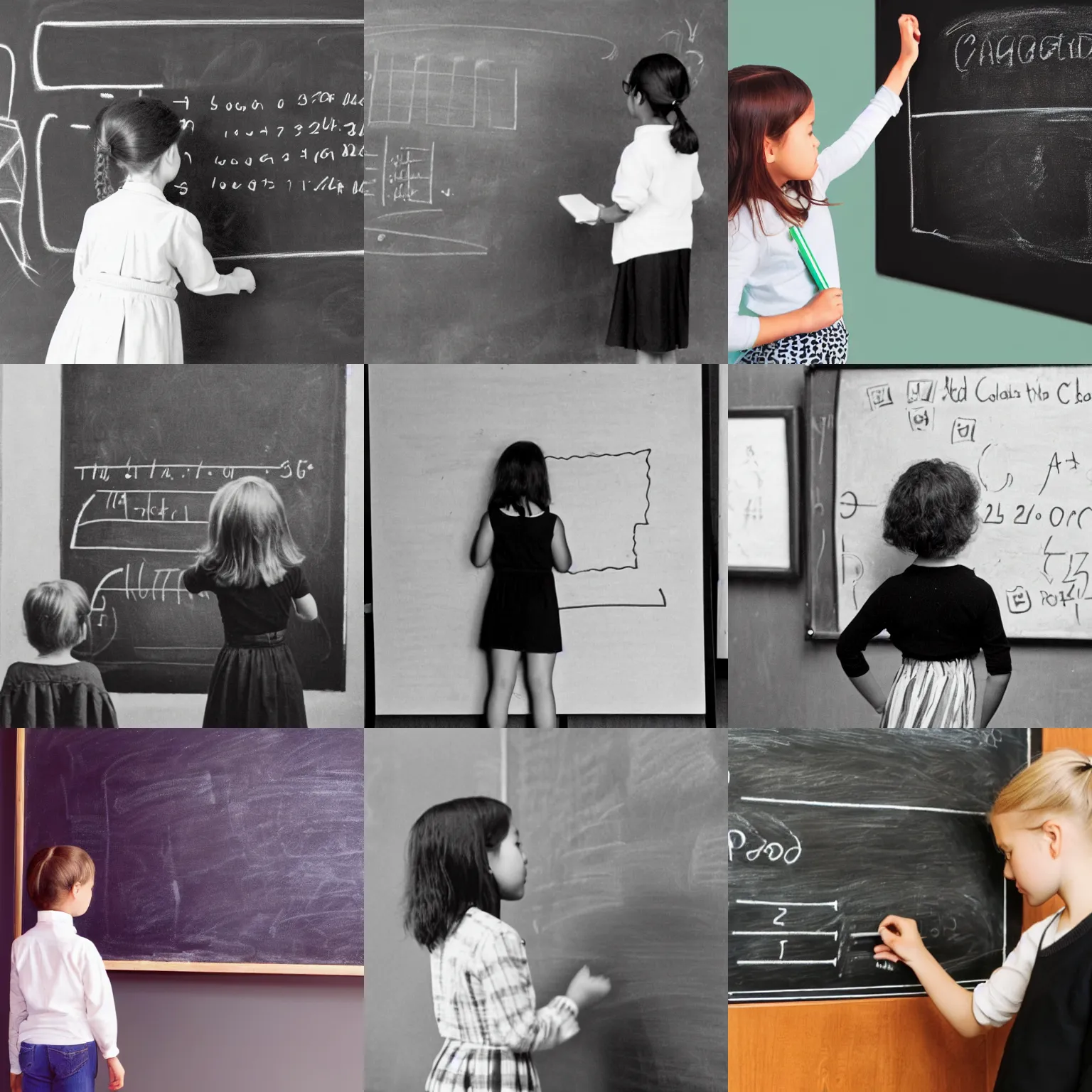 Prompt: photograph of a female child prodigy teaching at a college, standing in front of a chalk board, looking away towards the chalkboard