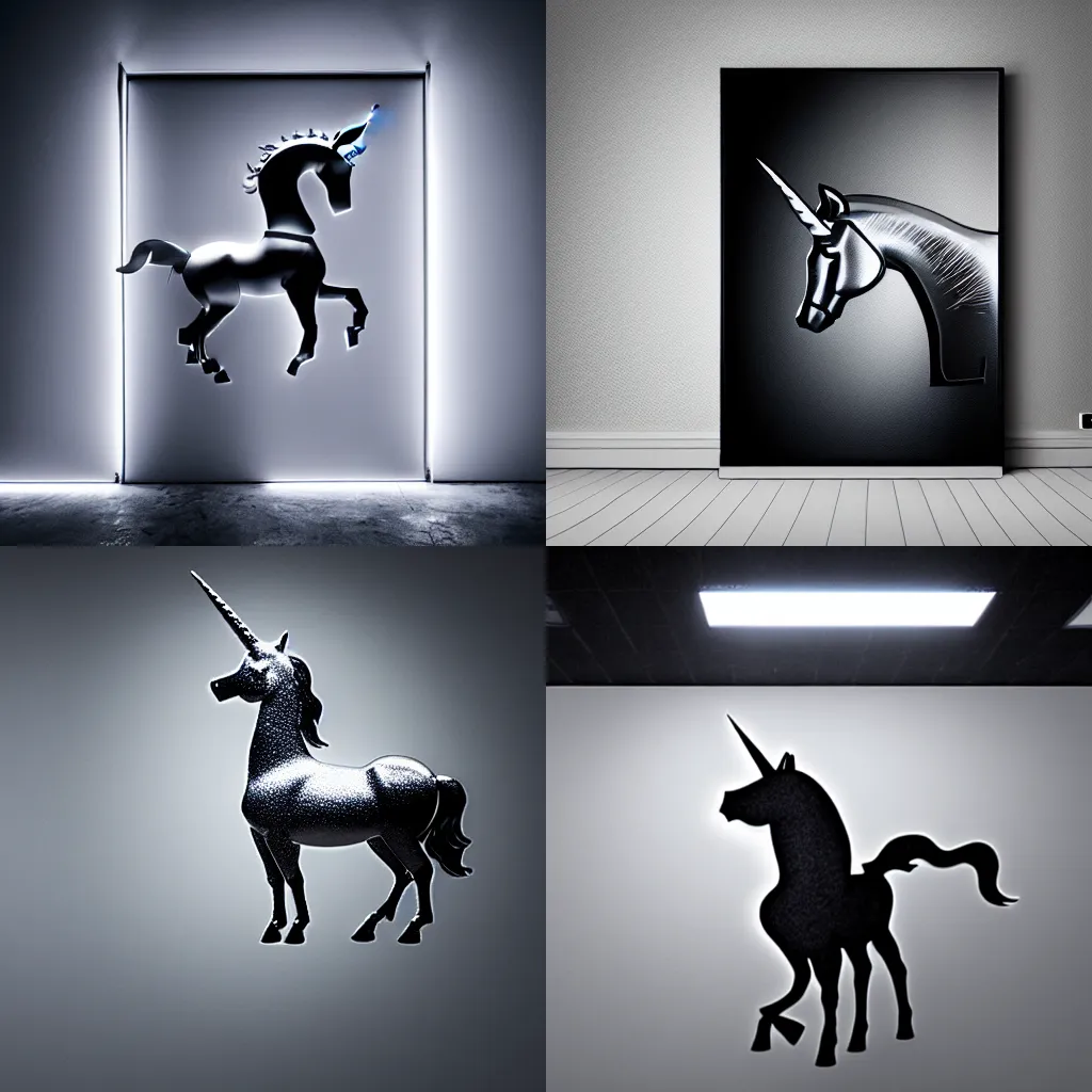 Prompt: Photo of a steel unicorn in a dark room