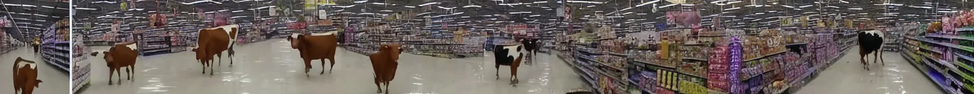 Image similar to consistent frames from a video of a cow walking around in a walmart