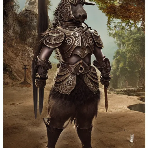 Image similar to fine art matte painting of an anthropomorphic capybara warrior in full intricate armor, ultra detailed, digital art, octane render 4K-H 720