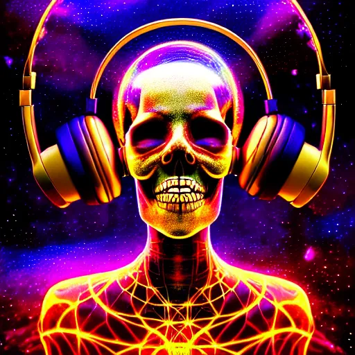 Prompt: portrait of a fantasycore glitchcore deformed skull wearing headphones. intricate abstract. intricate artwork. celestial. prismatic, by josephine wall, pixar, ghibli. octane render, CGSociety very coherent symmetrical artwork. cinematic, hyper realism, high detail, octane render, 8k, holographic accents