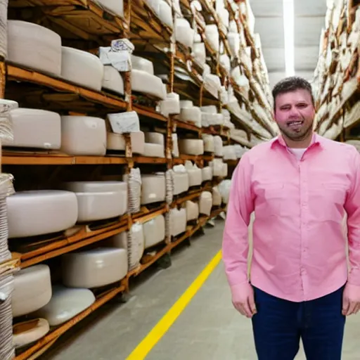 Prompt: photo of a man in a pink shirt with brown hair in a cheese warehouse