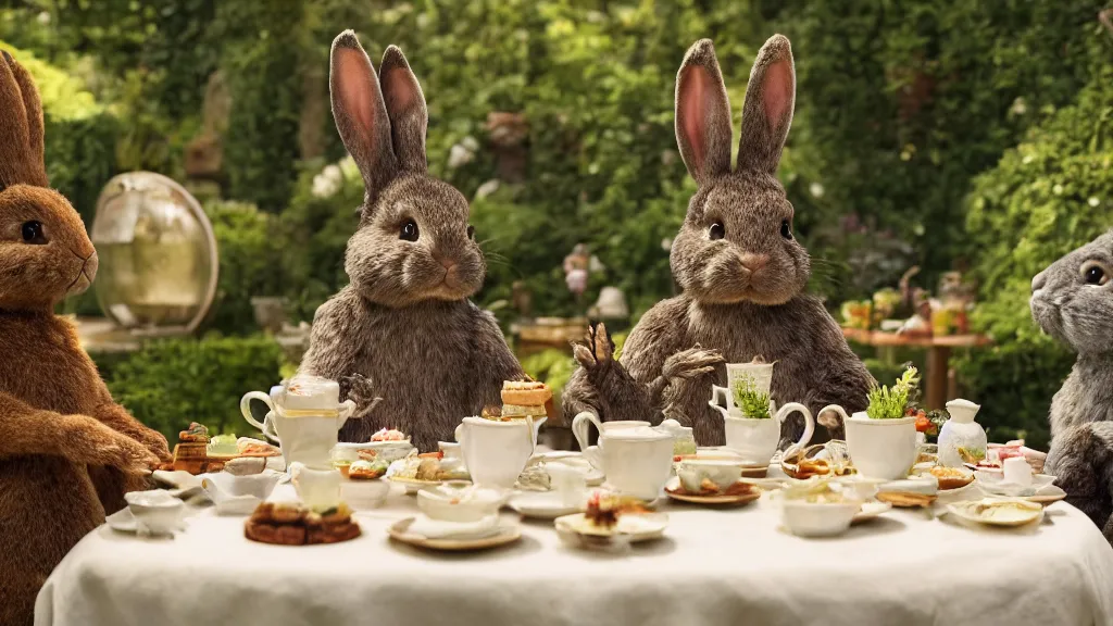 Image similar to film still from the movie chappie outdoor park plants garden scene bokeh depth of field several figures sitting down at a table having a delicious grand victorian tea party crumpets furry anthro anthropomorphic stylized rabbit bunny