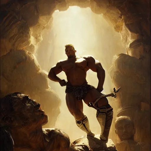 Prompt: handsome portrait of a spartan guy bodybuilder posing, radiant light, caustics, war hero, steel bull run, by gaston bussiere, bayard wu, greg rutkowski, giger, maxim verehin