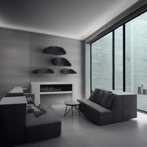 Prompt: living room concept render, octane render, inspired by nature, brutalist, futuristic, well illuminated, cold