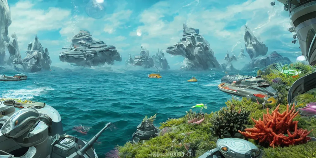Image similar to a view from a boat of clusters of housecrafts floating on a beautiful ocean, fusion of subnautica and star trek, by noriyoshi ohrai, beautifully detailed 4 k octane render, 4 k post processing