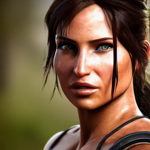 Prompt: photograph portrait of Lara Croft, intricate detail, sigma 85mm f/1.4, 4k, depth of field, high resolution, 4k, 8k, hd