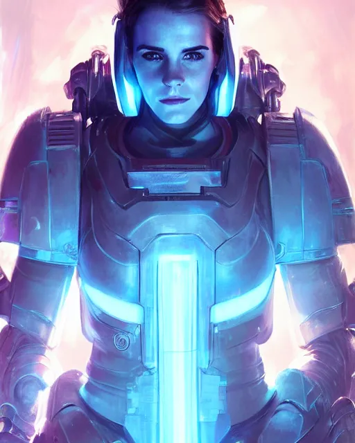 Image similar to portrait, emma watson in starcraft ii, sci - fi, futuristic armor with blue neon lights, space marine, dramatic lighting, highly detailed, digital painting, 3 d render, hyper realistic detailed portrait, greg rutkowski, wlop, ruan jia, peter mohrbacher