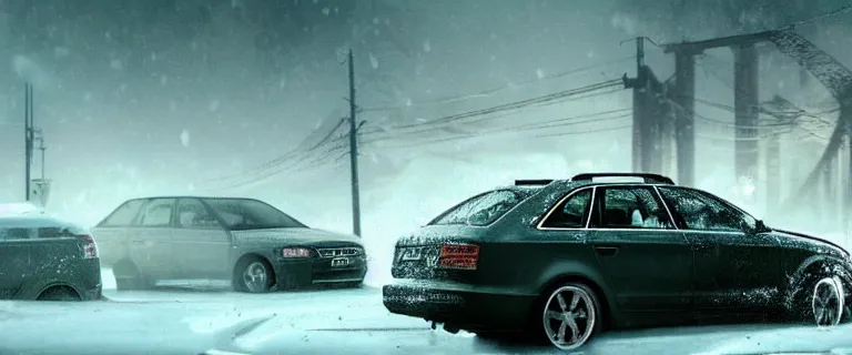 Image similar to Audi A4 B6 Avant (2002), a gritty neo-noir, dramatic lighting, cinematic, eerie person, death, homicide, homicide in the snow, viscera splattered all over the car, gunshots, establishing shot, extremely high detail, photorealistic, arson, burning city, cinematic lighting, artstation, by simon stalenhag, Max Payne (PC) (2001) winter New York at night, In the style of Max Payne 1 graphic novel, flashing lights, Poets of the Fall - Late Goodbye