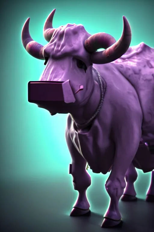 Image similar to high quality 3 d render cyberpunk very cute cyborg cow shaggy! hybrid! drinking beer, highly detailed, unreal engine cinematic smooth, in the style of blade runner & detective pikachu, hannah yata charlie immer, purple neon light, low angle, uhd 8 k, sharp focus