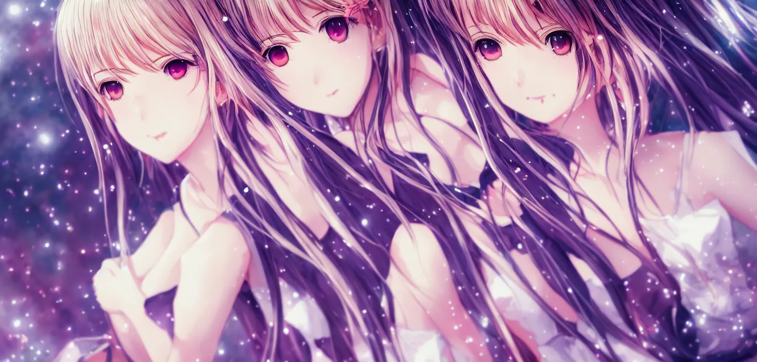 Prompt: portrait two beautiful anime girls wear anime dress closeup | | sunny night, full moon, dreamlike art, realistic shaded, smile, good looking, hyper details, 4 k realistic, cryengine, realistic shaded lighting poster by artgerm, ross tran, fuji choko, 8 k resolution, trending on artstation, luxury