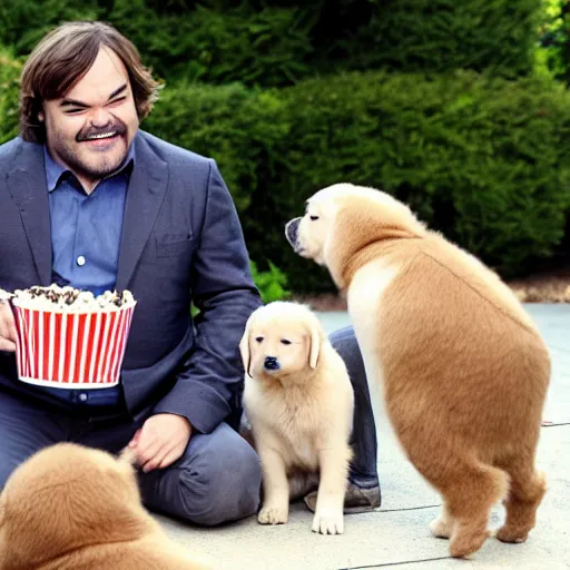 Prompt: jack black eating popcorn, surrounded by puppies, hd, laughing