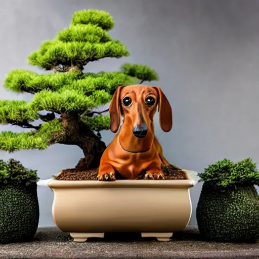 Image similar to Professional photograph of a deformed dachshund growing in a bonsai pot