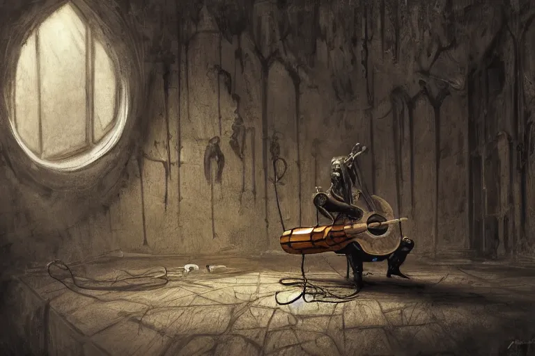 Image similar to still life painting, musical instument alone - a lute with smoke wisping up from its smoldering string, cursed baroque with ebony inlay, designed by brian froud and hr giger leans against the wall alone, abandoned. an empty brutalist chamber, lonely, somberlate afternoon lighting cinematic fantasy painting by jessica rossier