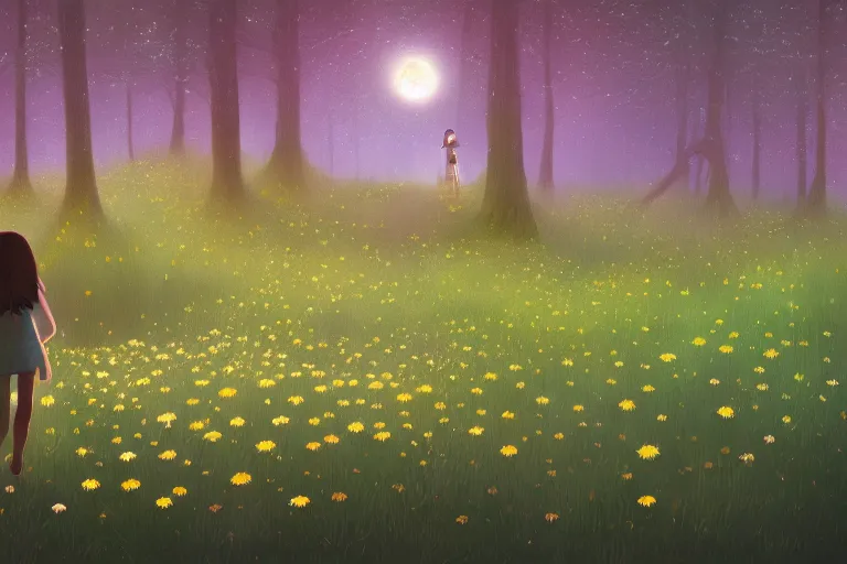 Image similar to giant bunch of daisy flowers head, girl walking in dark forest, surreal photography, dark night, stars, moon light, impressionist painting, clouds, digital painting, artstation, simon stalenhag