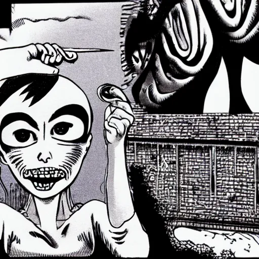 Prompt: terrified woman being chased by spooky floating scissors, panel from junji ito manga, 8k