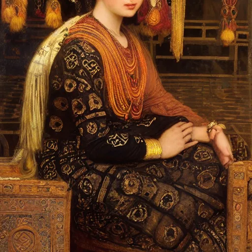 Prompt: orientalist portrait of a mesopotamian woman with thick black bangs and curls wearing an ornate dress sitting in a busy market selling carpets intricate artwork by john william waterhouse and Edwin Longsden Long and Theodore Ralli and Henryk Siemiradzki. trending on artstation, very coherent symmetrical artwork high detail 8k