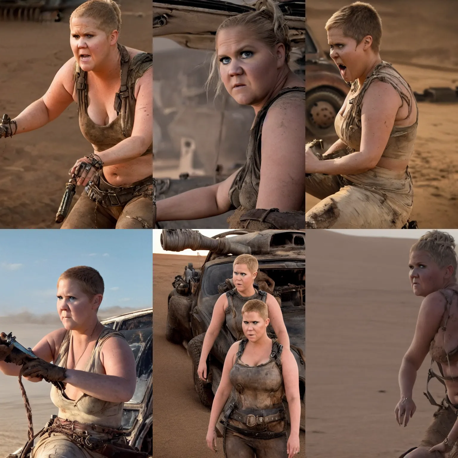 Prompt: movie still of Amy Schumer as Furiosa in Mad Max Fury Road, 4k, high quality, very detailed,