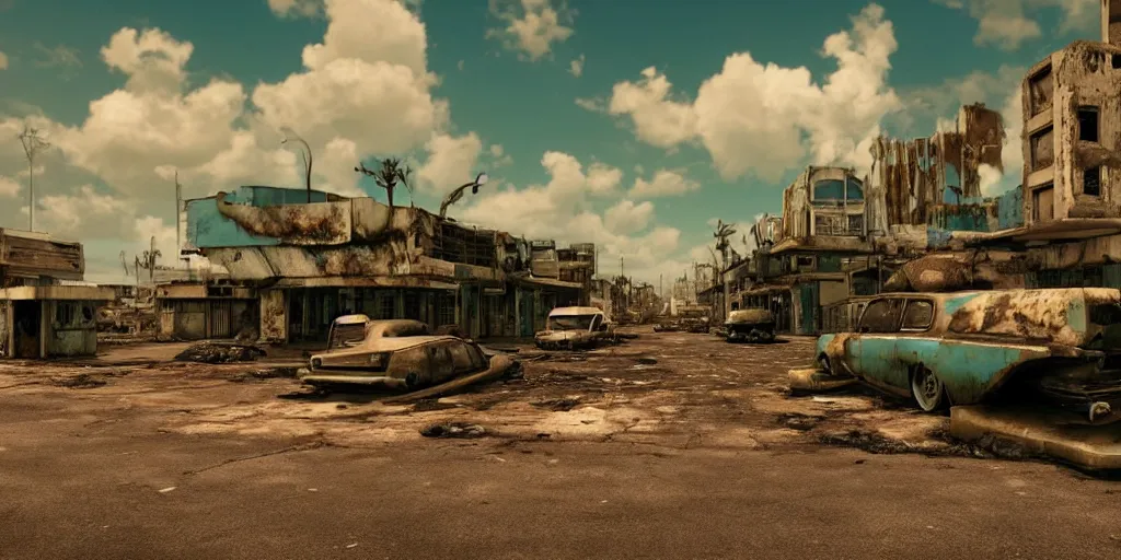 Image similar to wide angle shot of dilapidated fallout 5 tropical coastal city in real life, desolate, dilapidated, empty streets, nightmarish, some rusted retro futuristic fallout vintage style parked vehicles, sunny weather, few clouds, volumetric lighting, photorealistic, daytime, autumn, sharp focus, ultra detailed, cgsociety